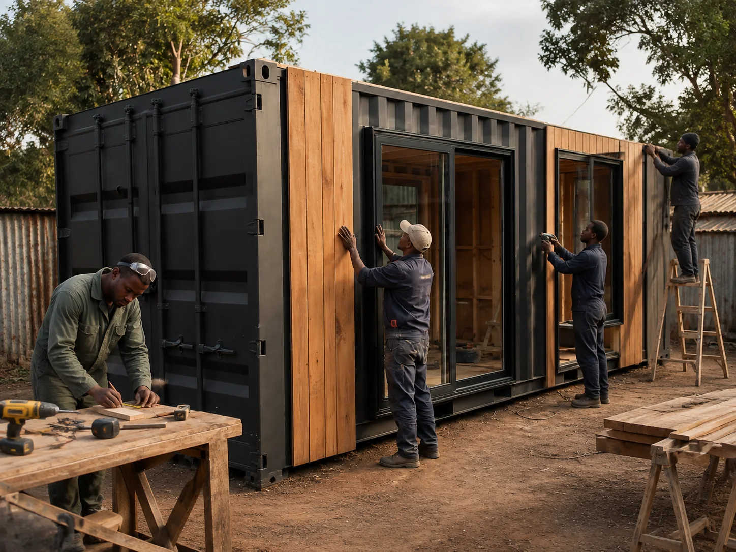 Illustrative view of Kenyan tradespeople fitting timber cladding and windows to a container home in a Nairobi fabrication yard