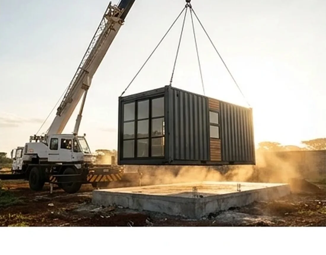 A mobile crane lowering a finished Swift Build container unit onto its foundation in Kenya