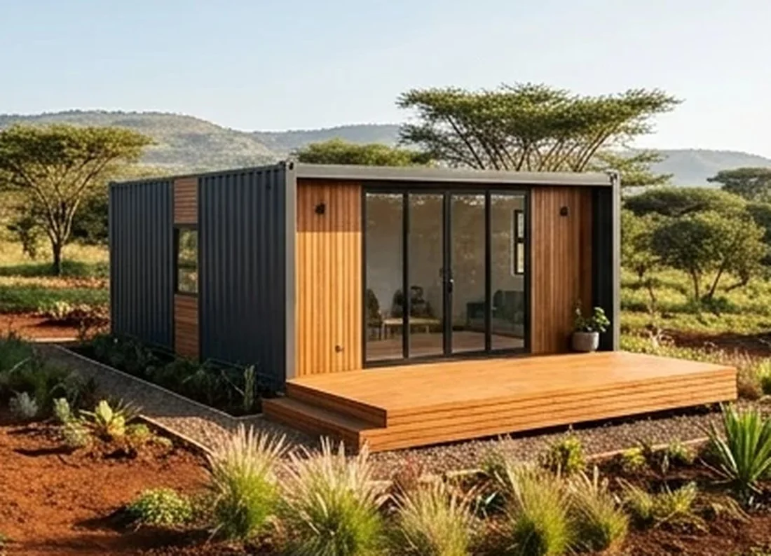 Timber-clad container home with a glass frontage and deck in a Kenyan landscape