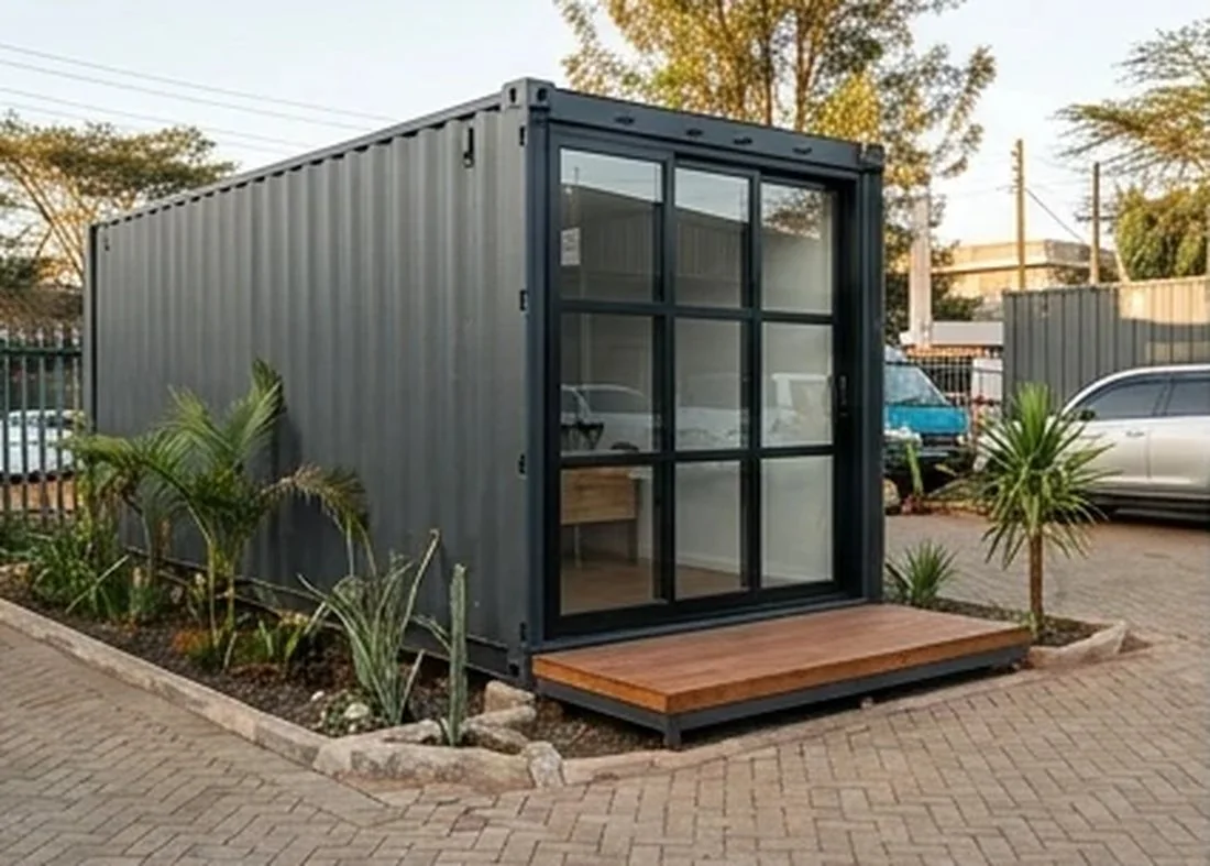 Charcoal container workspace with a glazed frontage in Nairobi