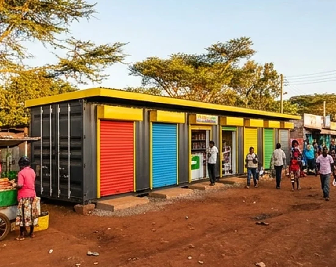 Container retail units with colourful secure shutters in a Kenyan market