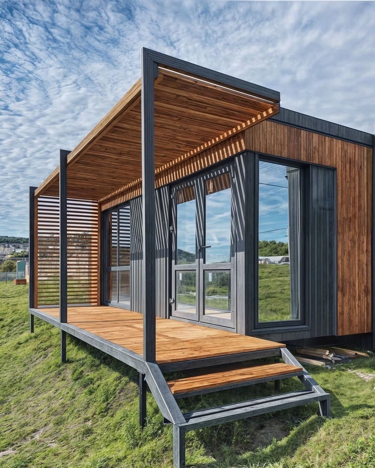 Timber-clad Swift Build container home with a glass frontage and deck