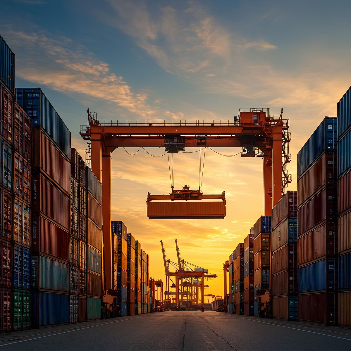 A gantry crane lifting a shipping container in the yard at sunset
