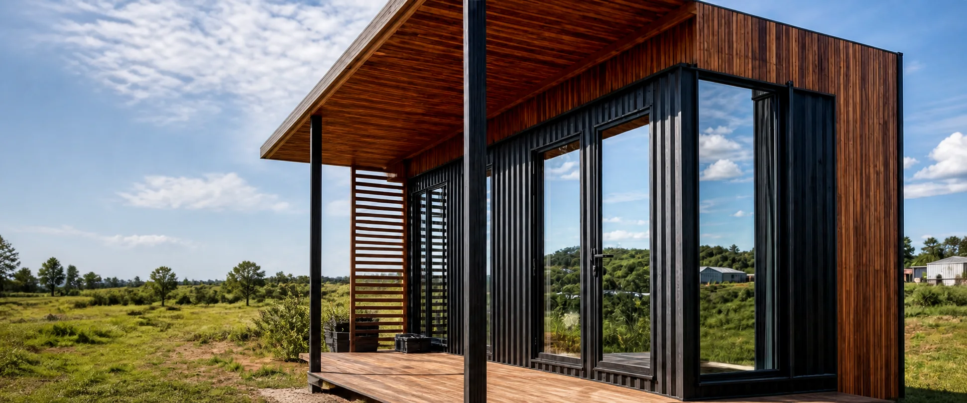Black steel and timber Swift Build modular home in a green Kenyan landscape