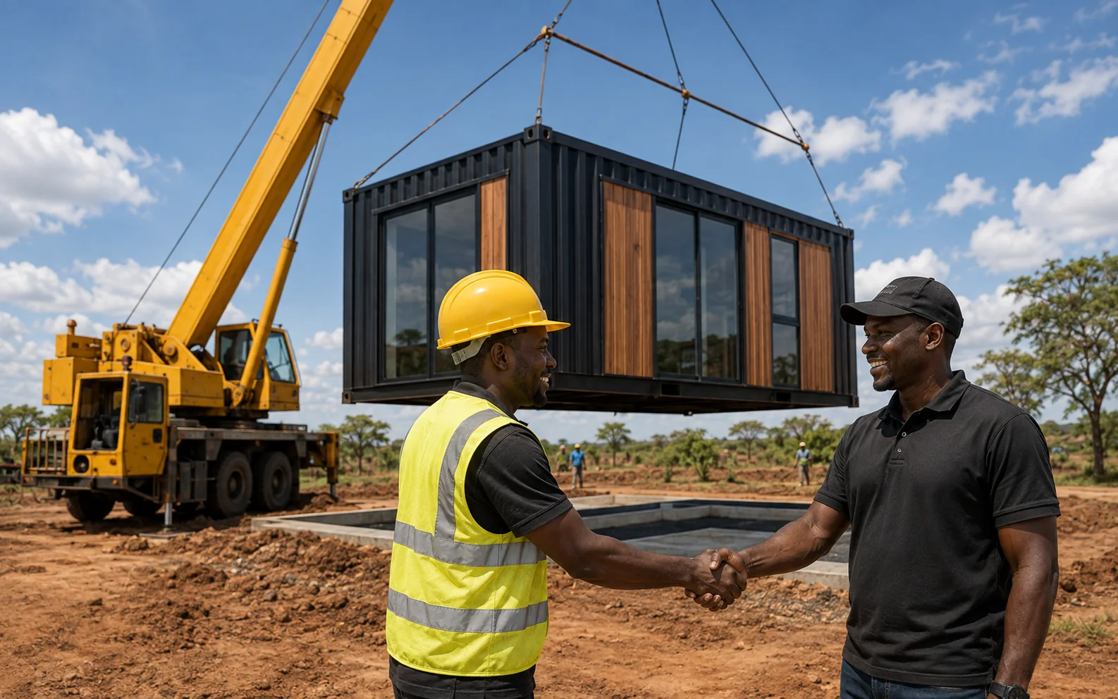 A finished black-and-timber Swift Build container unit being craned into position as two Kenyan men shake hands